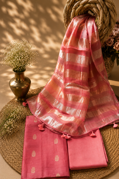 China Silk Top with Cotton Bottom & Tissue Organza Dupatta