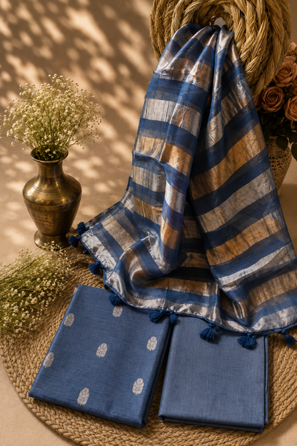 China Silk Top with Cotton Bottom & Tissue Organza Dupatta
