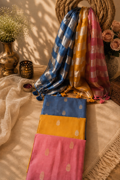 China Silk Top with Cotton Bottom & Tissue Organza Dupatta