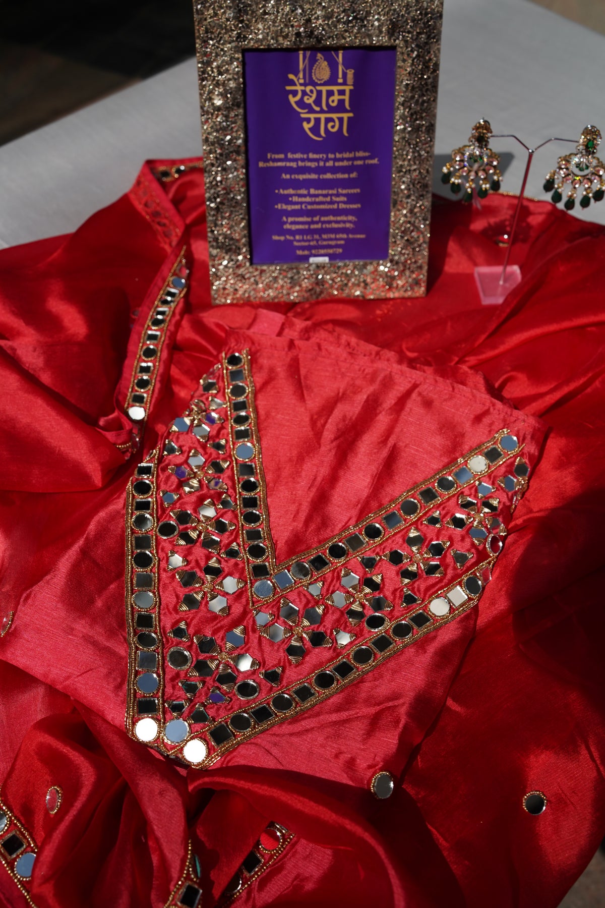 Elegant Mirror Work Designer Suit Set | Red, Yellow & Green