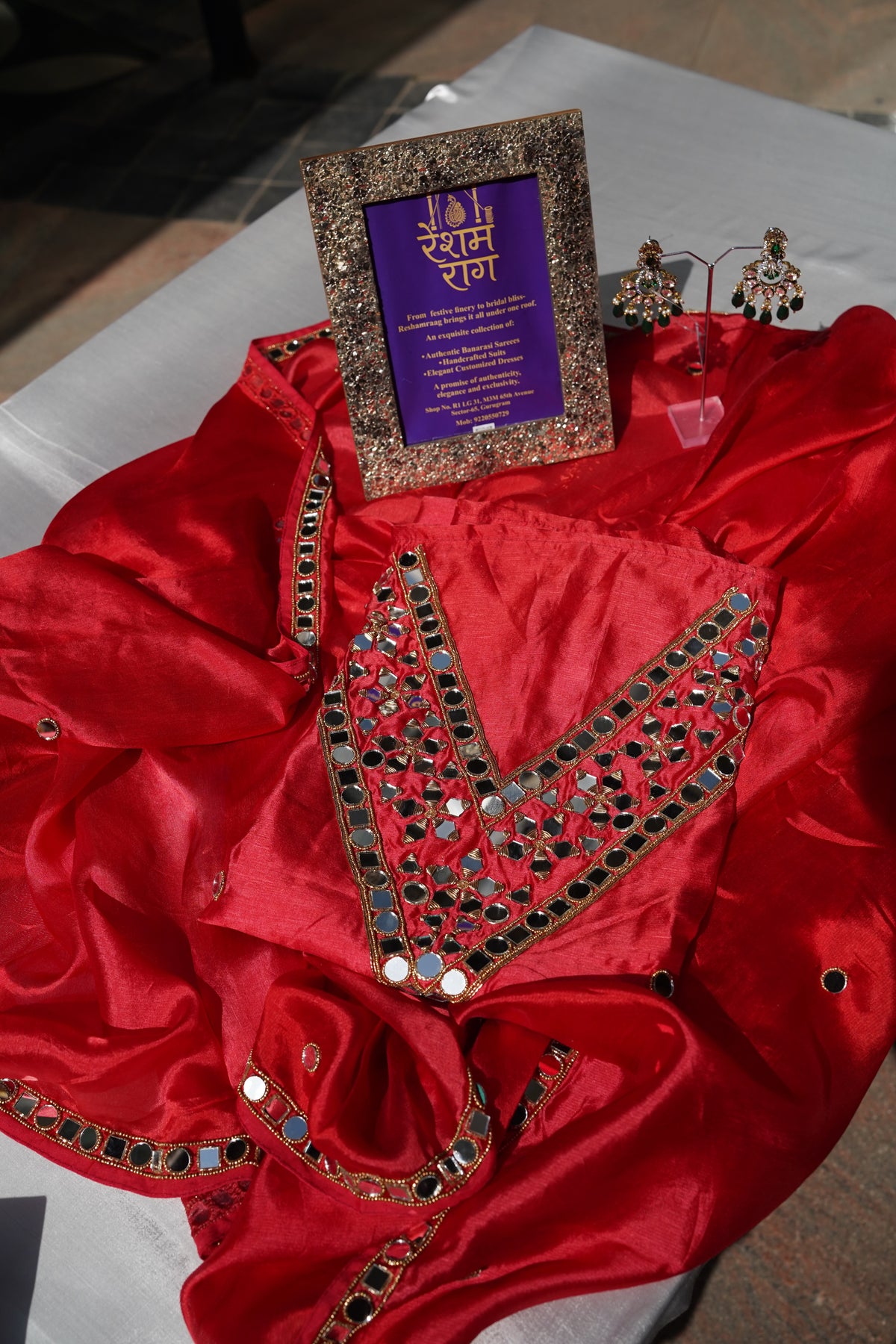 Elegant Mirror Work Designer Suit Set | Red, Yellow & Green