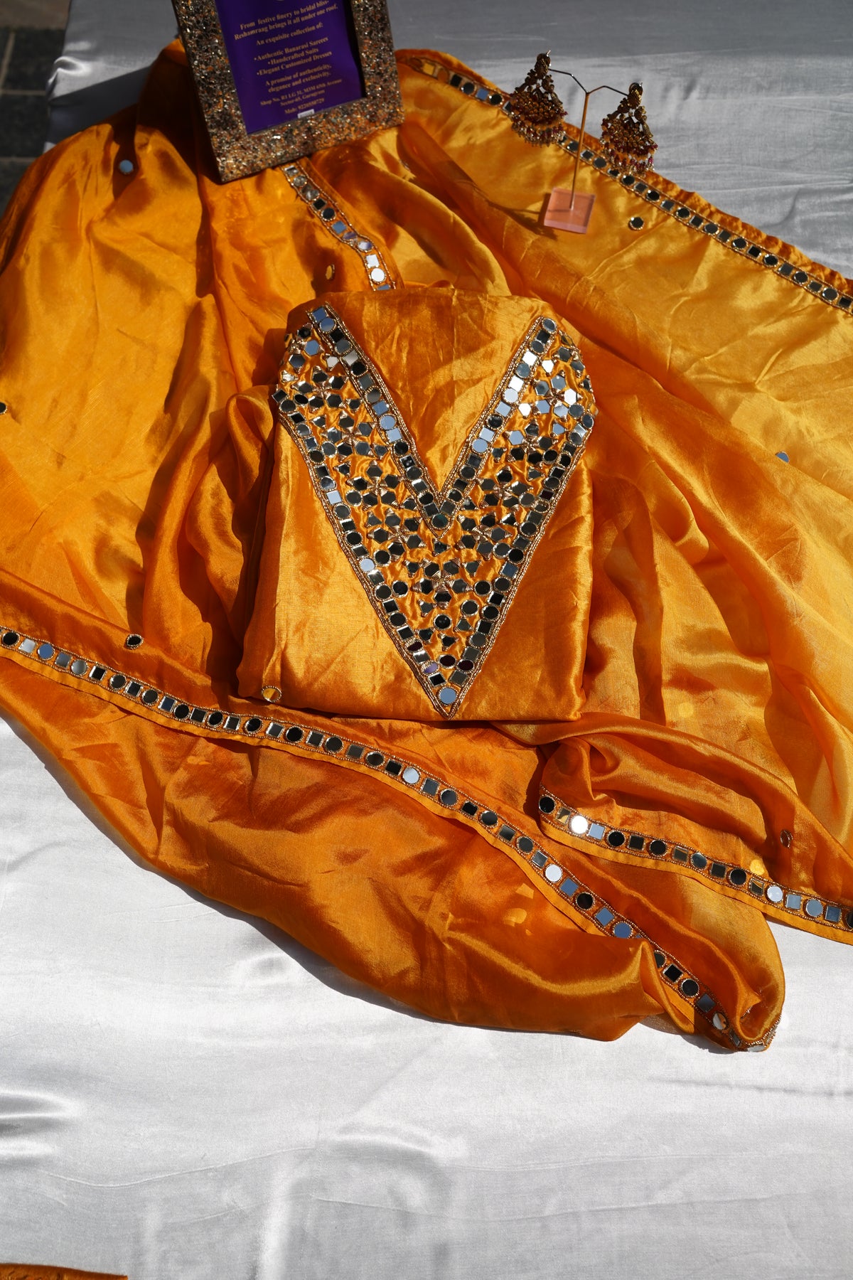 Elegant Mirror Work Designer Suit Set | Red, Yellow & Green