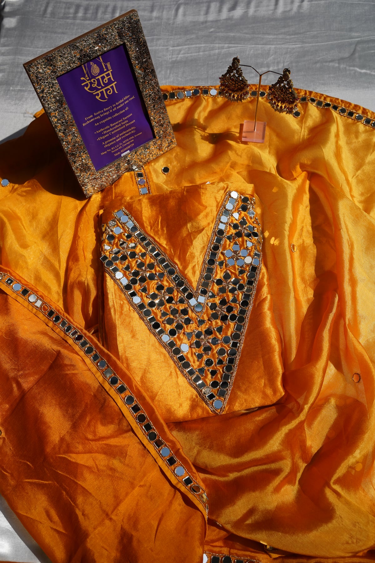 Elegant Mirror Work Designer Suit Set | Red, Yellow & Green
