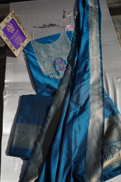 Elegant Zari Embroidered Silk Suit Set | Royal Blue