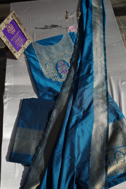Elegant Zari Embroidered Silk Suit Set | Royal Blue