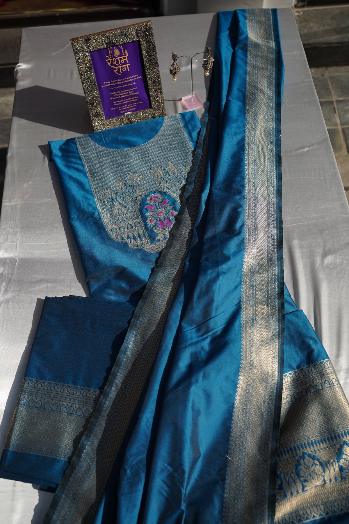Elegant Zari Embroidered Silk Suit Set | Royal Blue