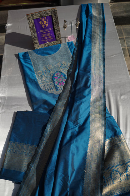 Elegant Zari Embroidered Silk Suit Set | Royal Blue