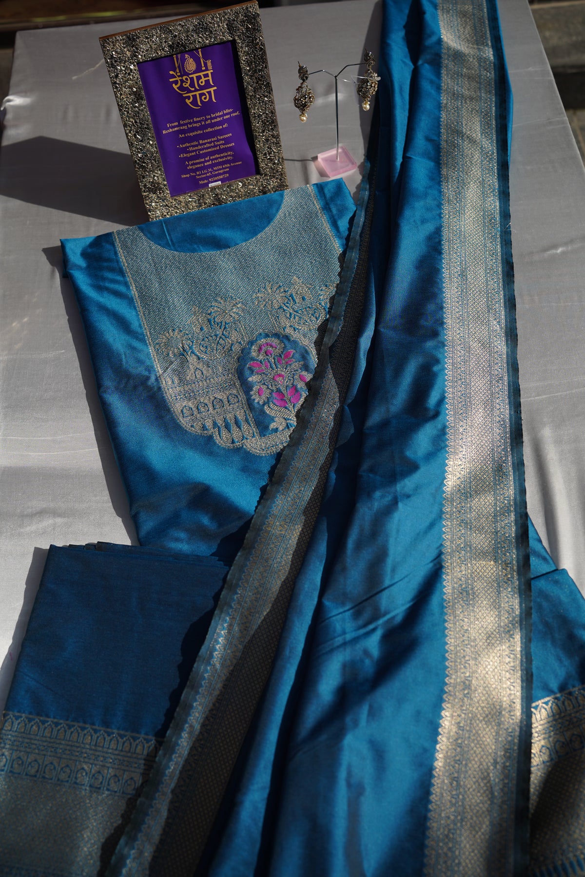 Elegant Zari Embroidered Silk Suit Set | Royal Blue