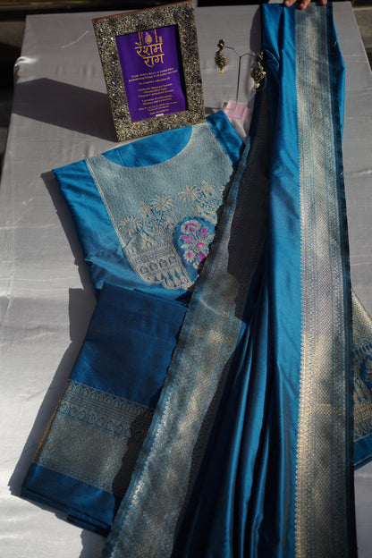 Elegant Zari Embroidered Silk Suit Set | Royal Blue