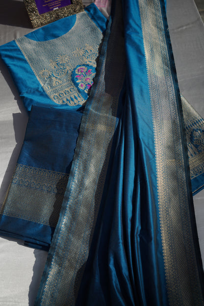 Elegant Zari Embroidered Silk Suit Set | Royal Blue