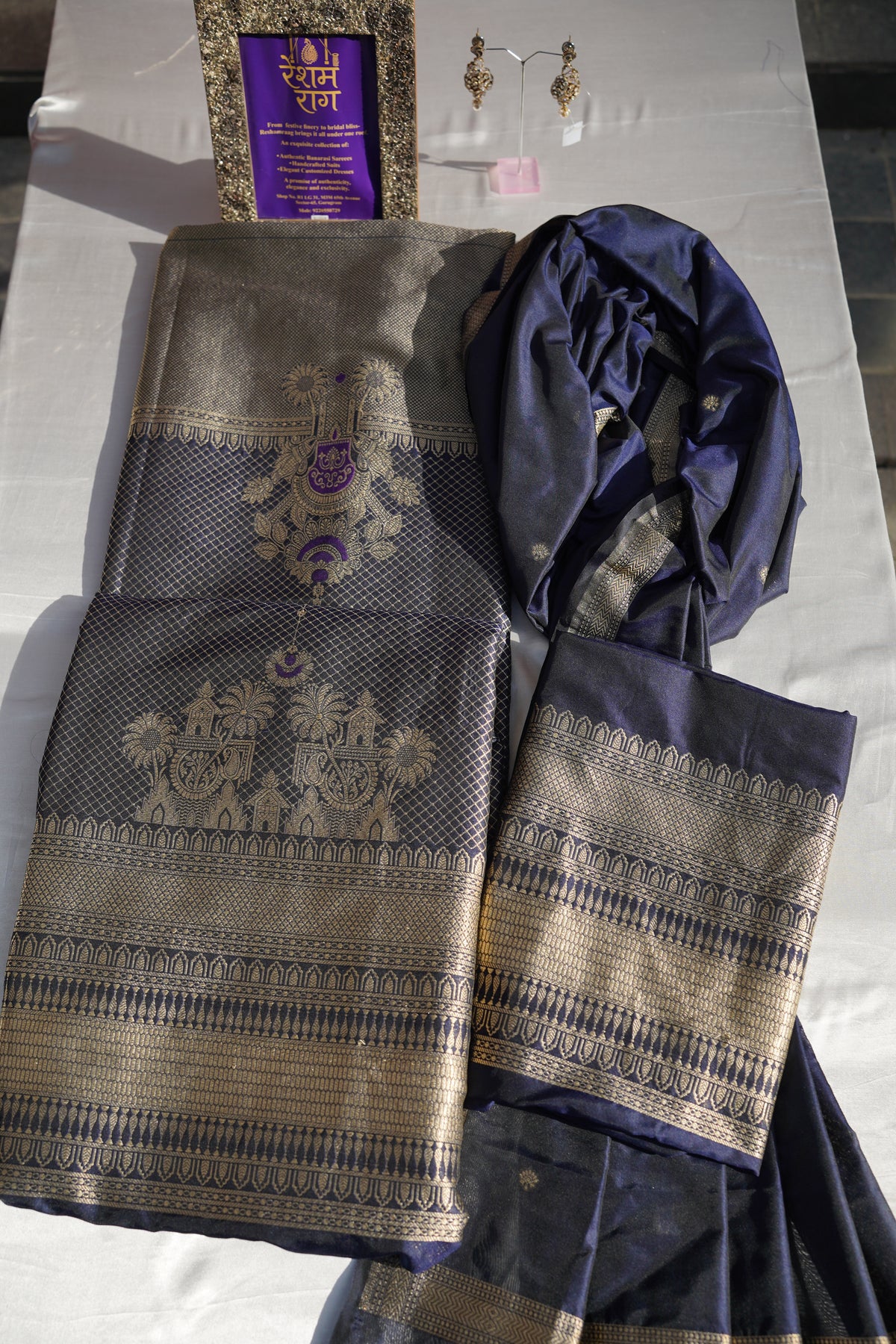 Royal Navy Blue Banarasi Brocade Suit Set | Gold Zari Work