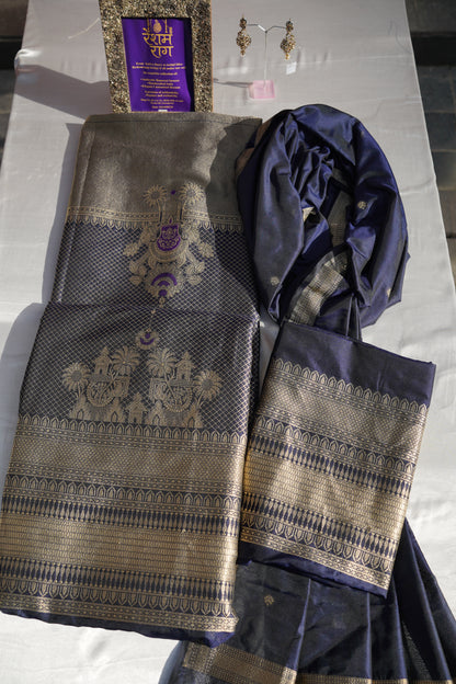Royal Navy Blue Banarasi Brocade Suit Set | Gold Zari Work