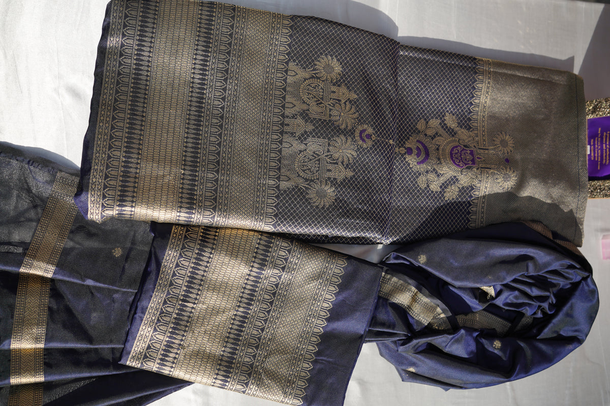 Royal Navy Blue Banarasi Brocade Suit Set | Gold Zari Work