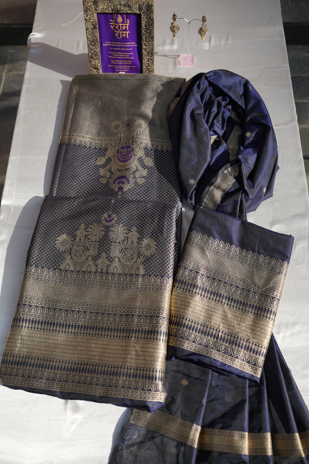 Royal Navy Blue Banarasi Brocade Suit Set | Gold Zari Work