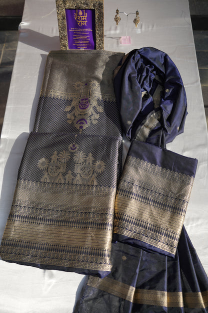Royal Navy Blue Banarasi Brocade Suit Set | Gold Zari Work