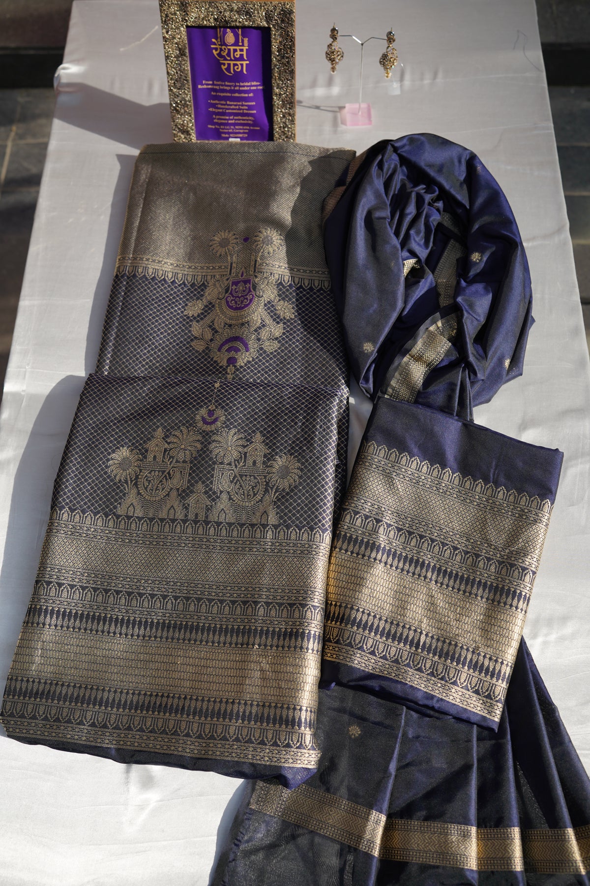 Royal Navy Blue Banarasi Brocade Suit Set | Gold Zari Work