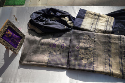 Royal Navy Blue Banarasi Brocade Suit Set | Gold Zari Work
