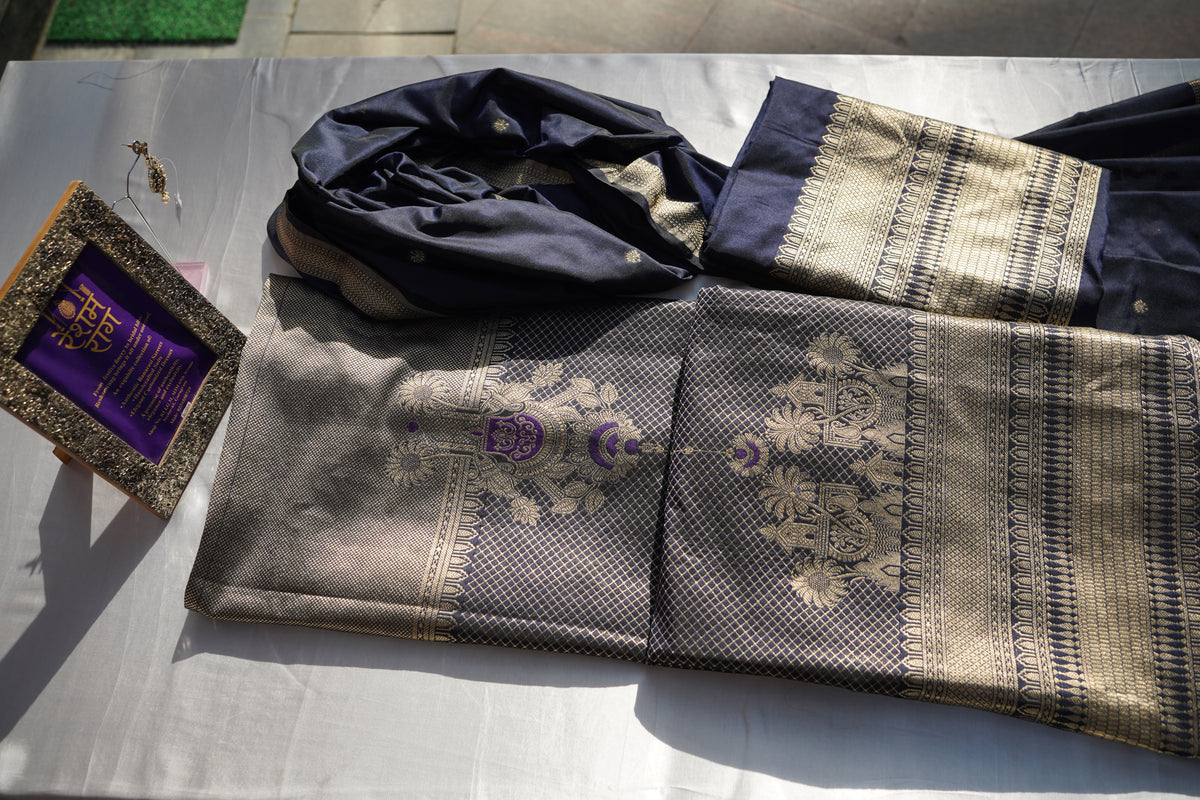 Royal Navy Blue Banarasi Brocade Suit Set | Gold Zari Work