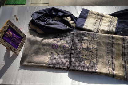 Royal Navy Blue Banarasi Brocade Suit Set | Gold Zari Work