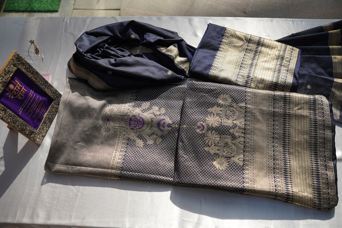 Royal Navy Blue Banarasi Brocade Suit Set | Gold Zari Work