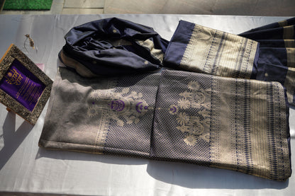 Royal Navy Blue Banarasi Brocade Suit Set | Gold Zari Work
