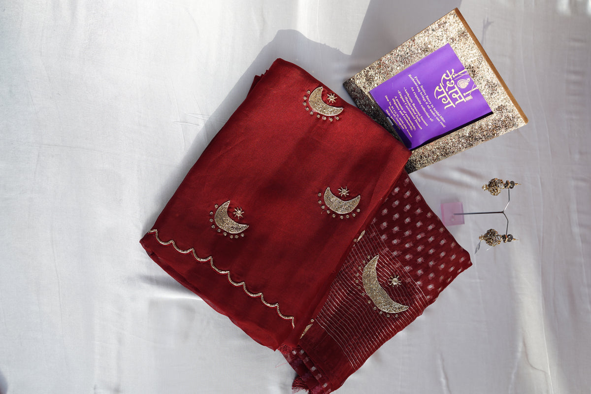 Elegant Crescent Embroidery Suit Set | Brown, Red & Green