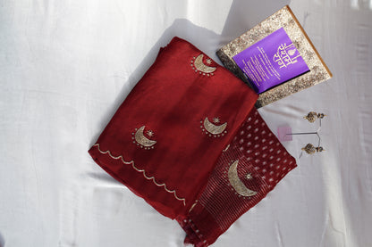 Elegant Crescent Embroidery Suit Set | Brown, Red & Green