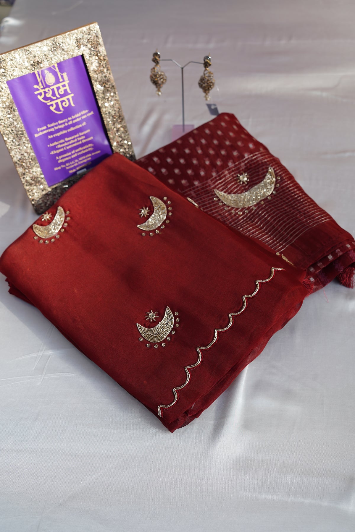 Elegant Crescent Embroidery Suit Set | Brown, Red & Green