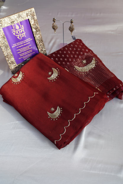 Elegant Crescent Embroidery Suit Set | Brown, Red & Green