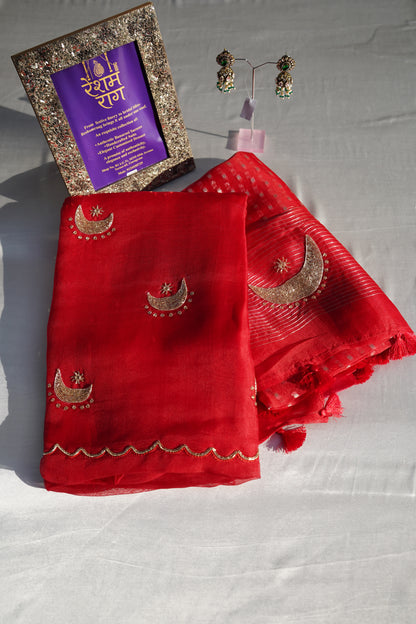 Elegant Crescent Embroidery Suit Set | Brown, Red & Green