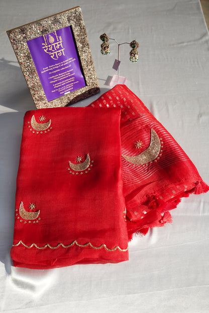 Elegant Crescent Embroidery Suit Set | Brown, Red & Green
