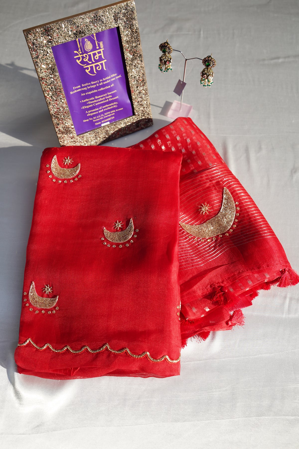 Elegant Crescent Embroidery Suit Set | Brown, Red & Green
