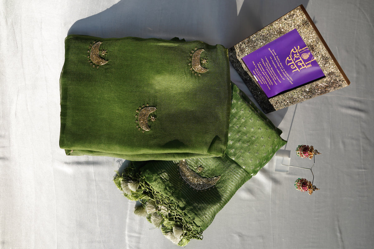 Elegant Crescent Embroidery Suit Set | Brown, Red & Green