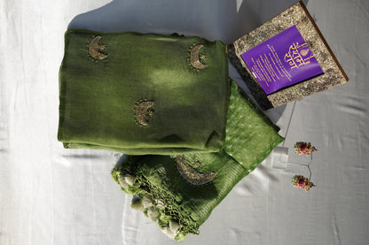 Elegant Crescent Embroidery Suit Set | Brown, Red & Green
